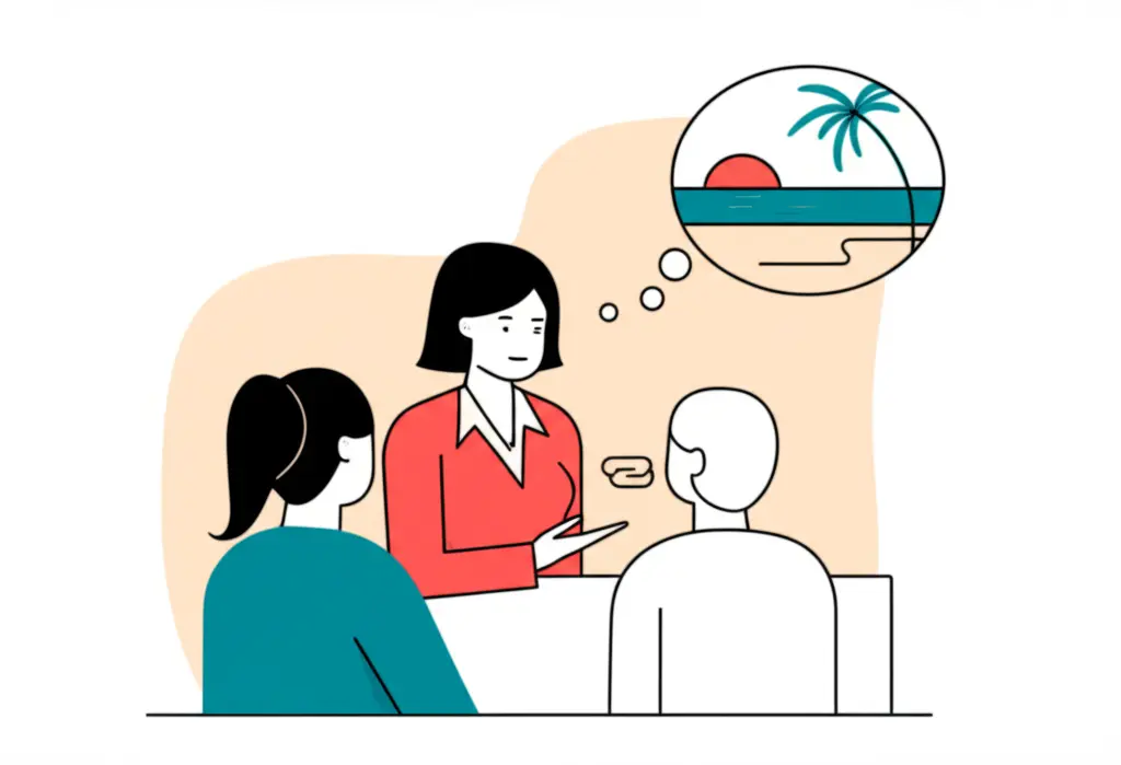 Bank teller dreaming of vacation while working