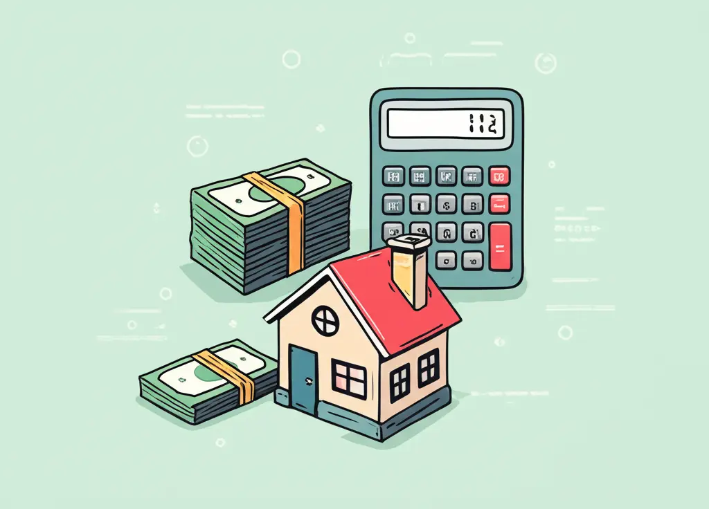 Hand-drawn cartoon of a calculator, money, and a house symbolizing mortgage calculations