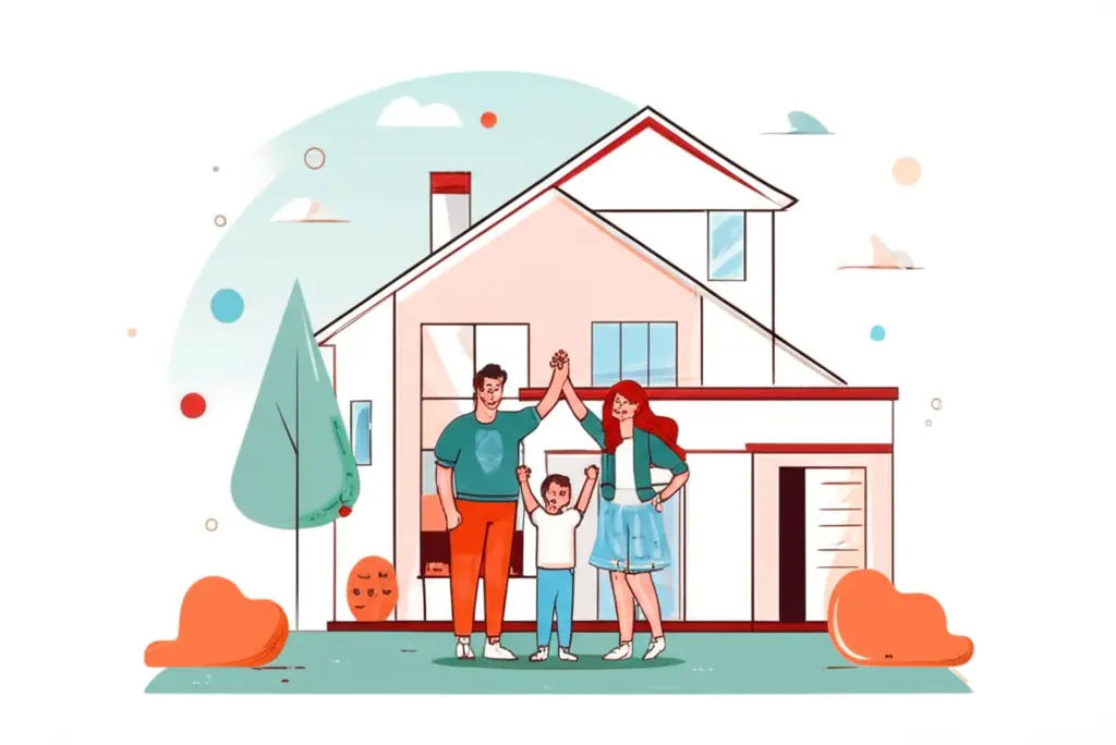 A family celebrating in front of their home without PMI requirements.