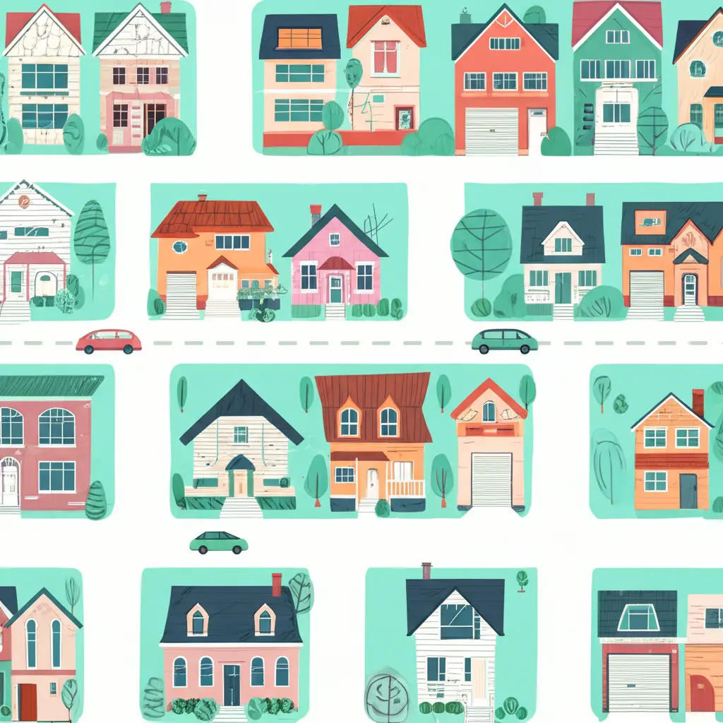 Neighborhood street with houses of varying yard sizes.