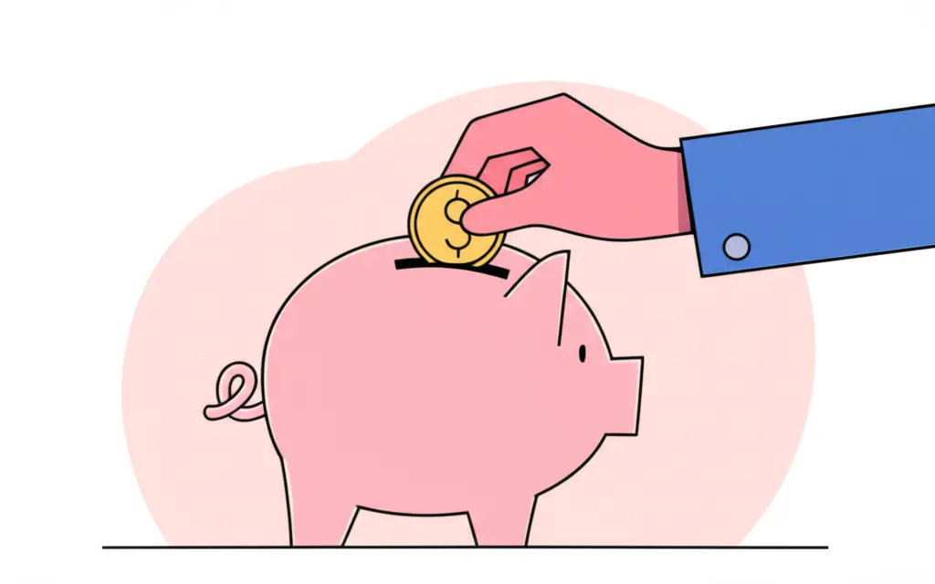 Minimalist cartoon of a person saving money in a piggy bank