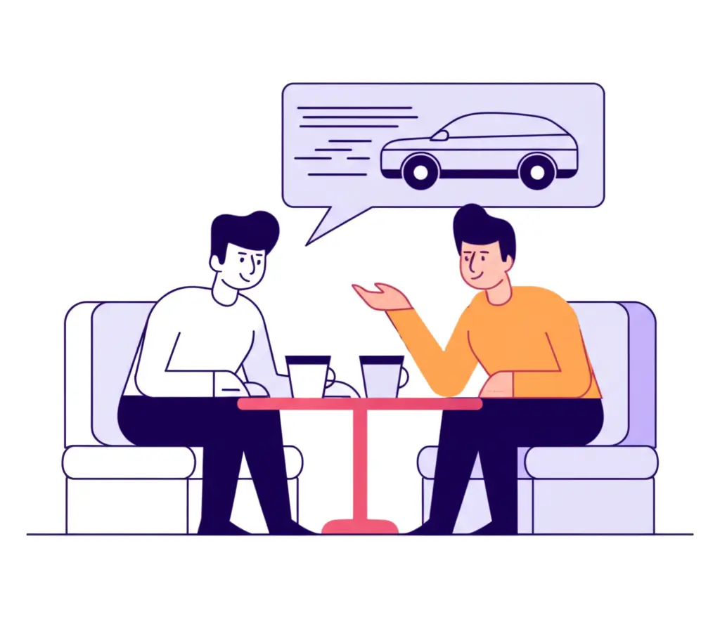 Two people discussing car trade
