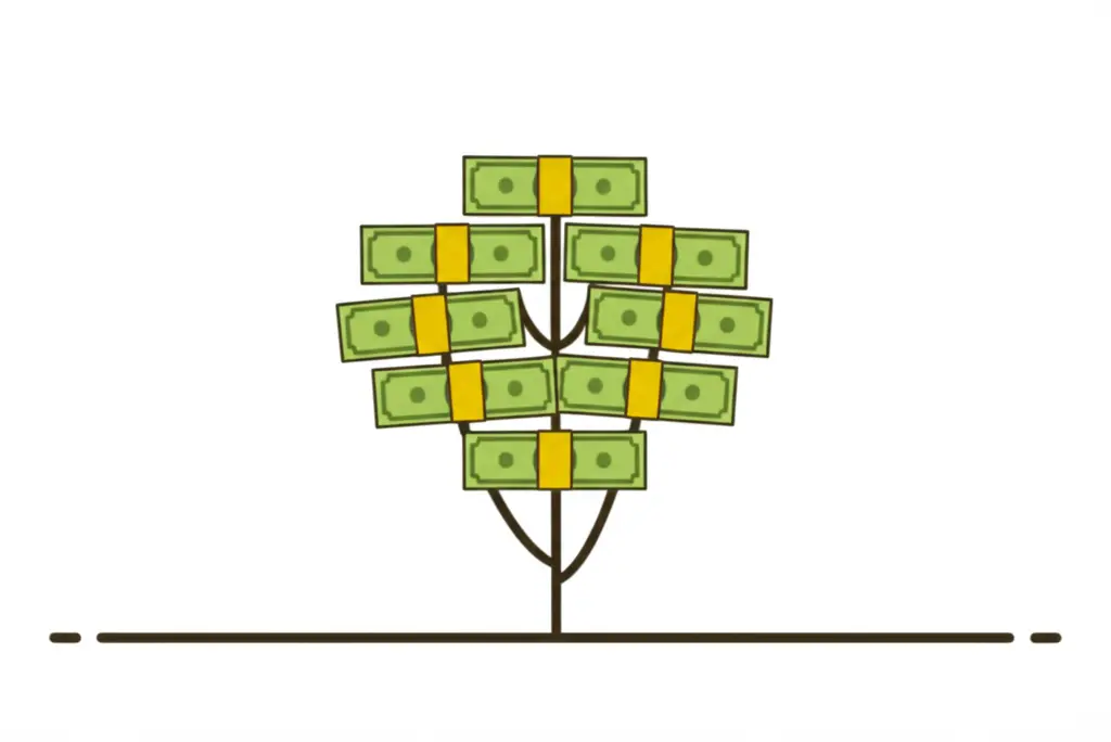 Modern minimalist drawing of a tree with dollar bills as leaves growing slowly over time.