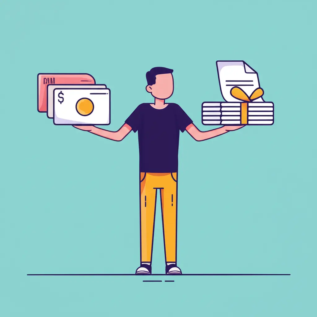 A whimsical drawing of a person balancing stocks and bonds in each hand