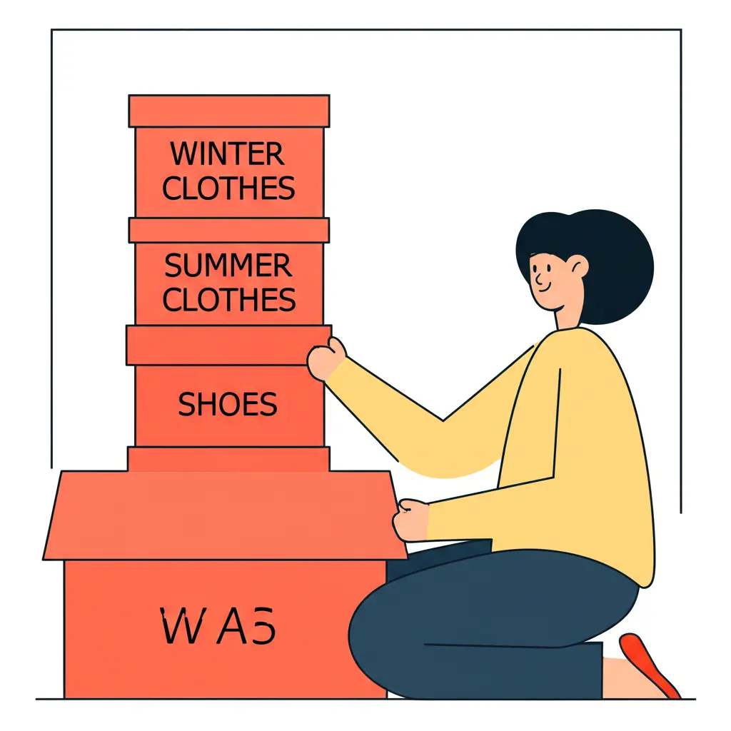 Person organizing a closet with labeled boxes