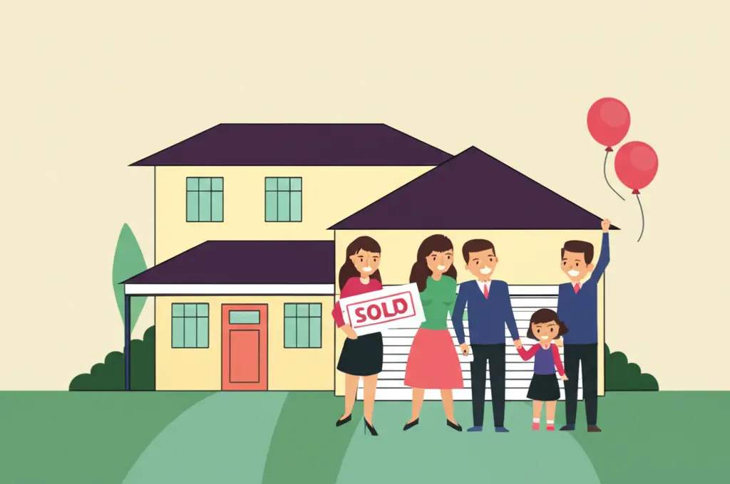 Family celebrating outside a new house.