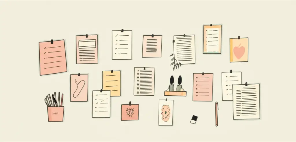 Wall organizer filled with notes and small decorative items.