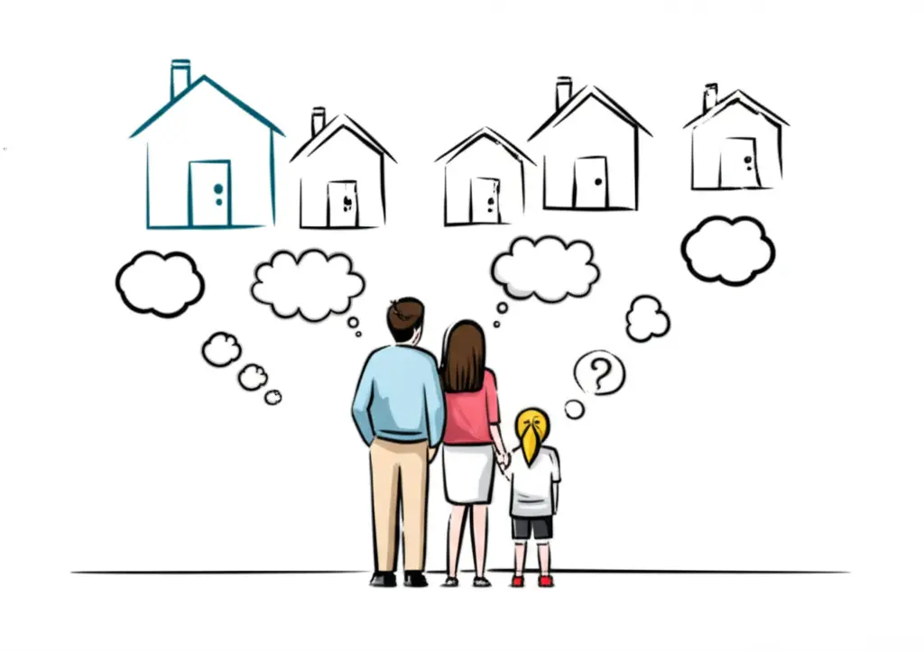 Family looking at different houses with thought bubbles