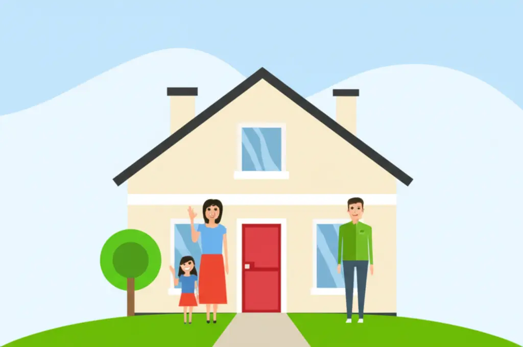 A happy family standing in front of a newly purchased home.
