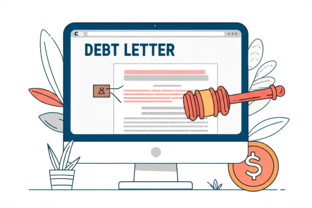 Computer screen displaying a debt letter with legal annotations