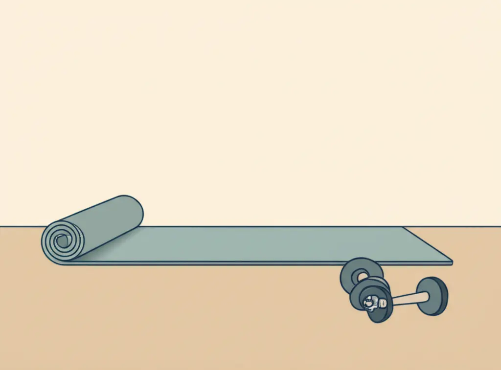 Cozy living room with yoga mat and dumbbells.