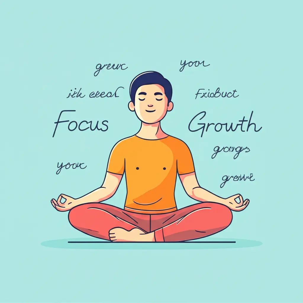Hand-drawn aesthetic of a person meditating with words like 'focus' and 'growth' around them