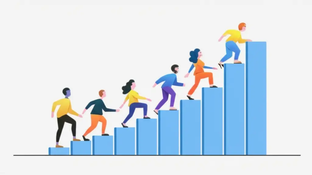 A graph showing an upward trend with small people climbing it