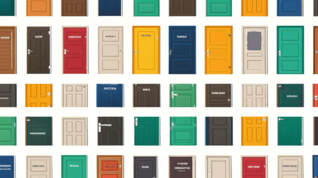 A minimalist cartoon of numerous doors, each labeled with a different career opportunity.