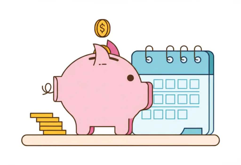 A cartoon-style image showing a piggy bank with coins overflowing next to a calendar.
