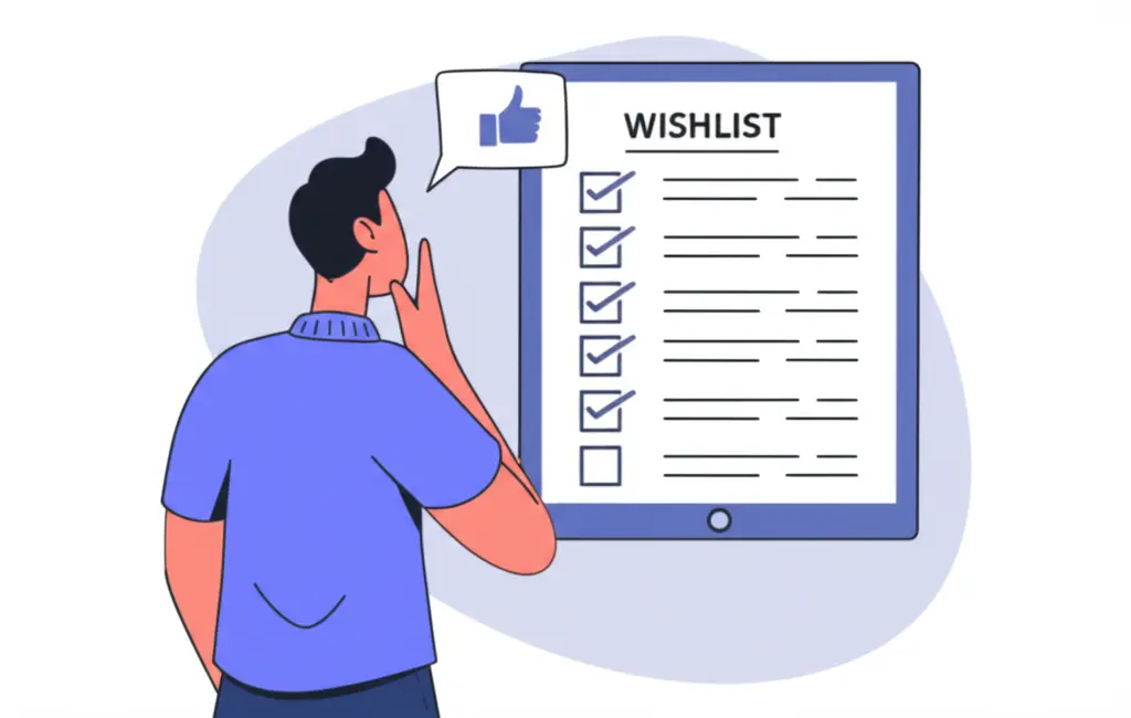 A person evaluating a wishlist thoughtfully