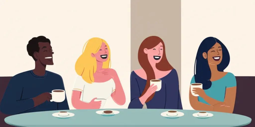 Descriptive alt text for a cartoon of friends laughing over coffee