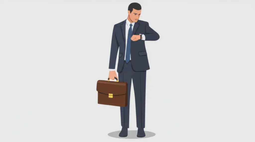 Person in a suit holding a briefcase and looking at their watch.