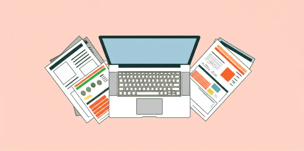 Desk with a laptop, bills, and magazines
