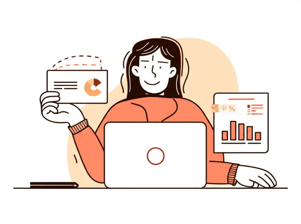 Person organizing finances with a laptop and smiling
