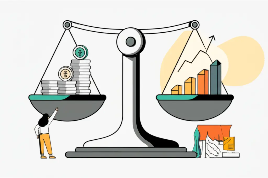 A person weighing options of different investments on an old-fashioned scale.
