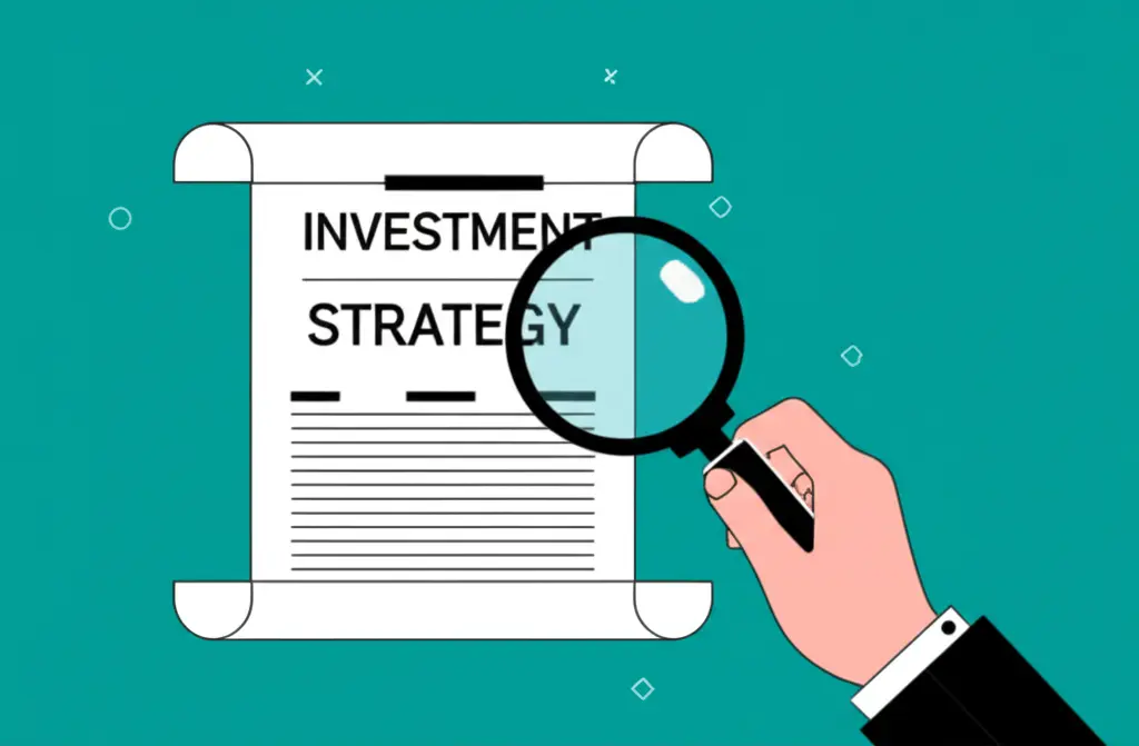 Person using magnifying glass to read investment strategy document.