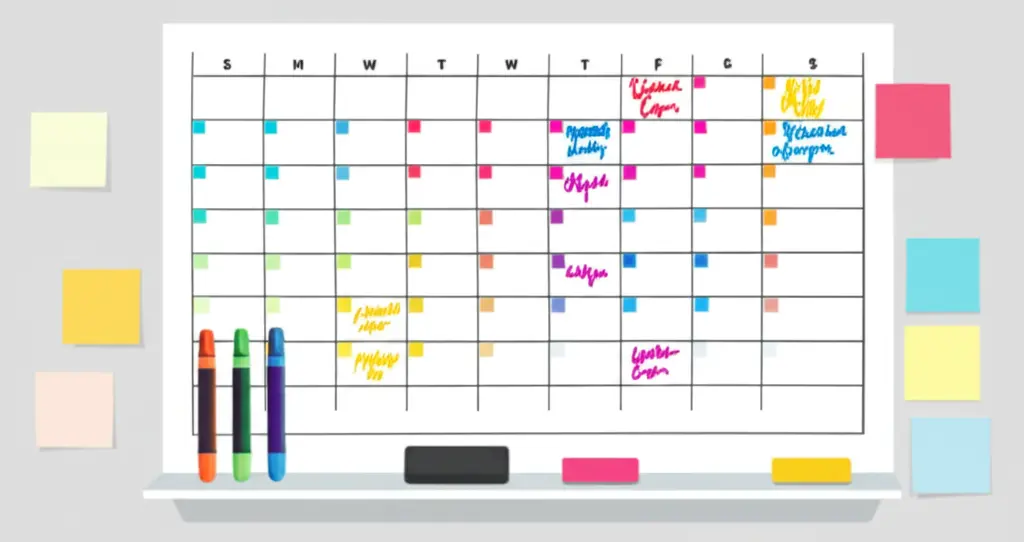 A bright whiteboard calendar on a wall with colorful markers and notes.