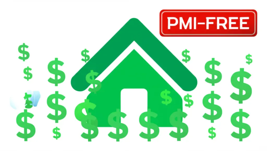 Home surrounded by dollar symbols with a 'PMI-Free' stamp