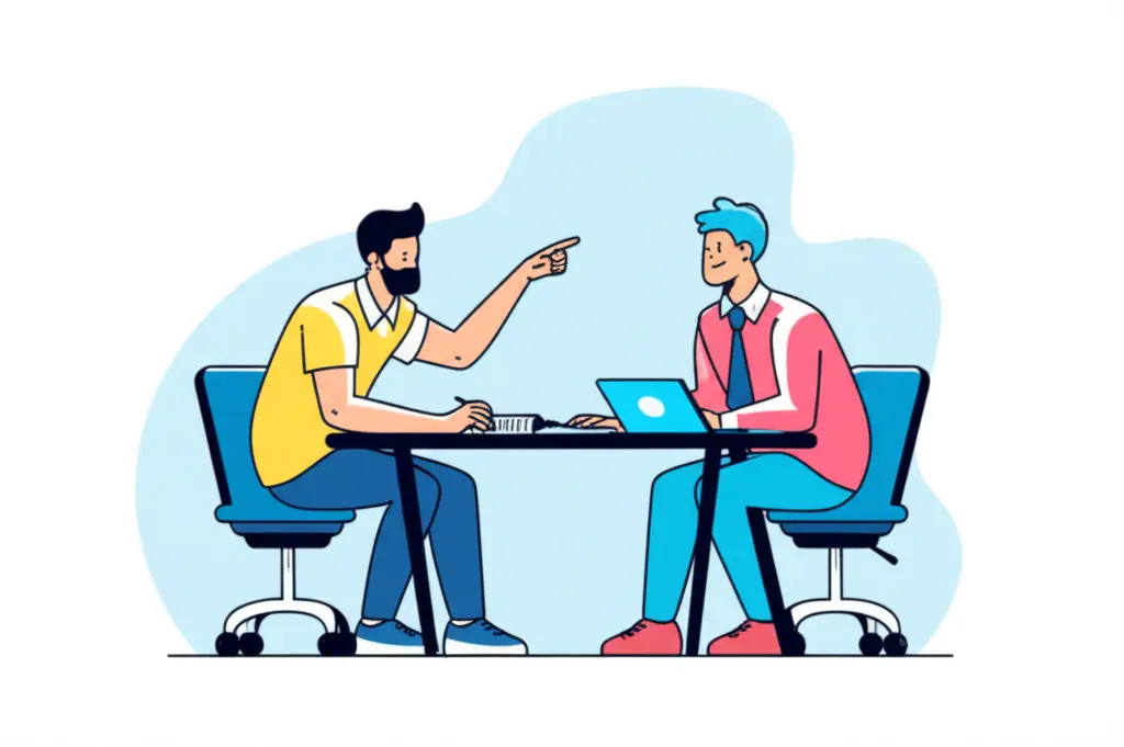 Two people having a discussion over a table with financial documents, cartoon-style.