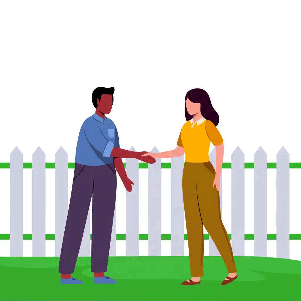 Neighbors shaking hands in front of a resolved boundary