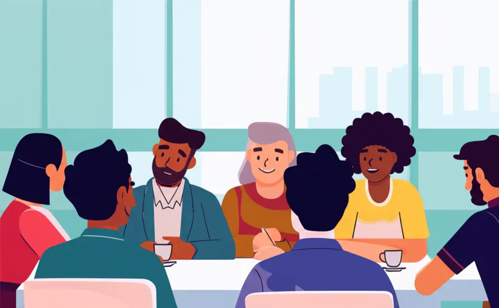 Clean cartoon-style image of a neighborhood watch meeting in progress, featuring engaged and friendly faces.