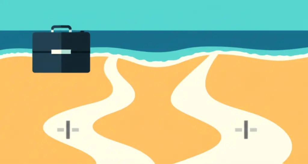 Two diverging paths, one toward a briefcase the other towards a beach, symbolizing career choice.