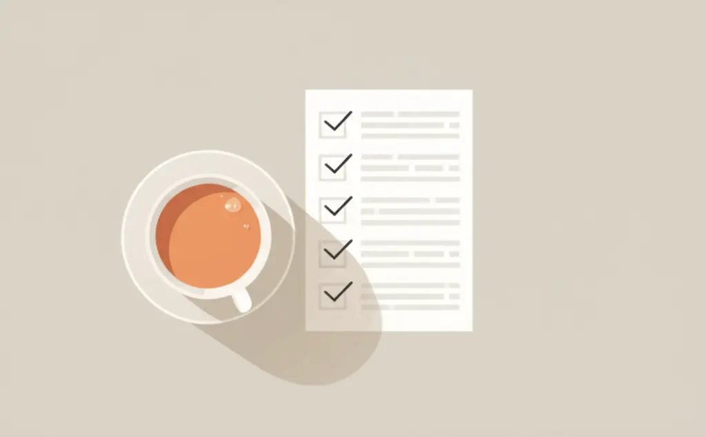Retirement planning checklist with a cup of tea
