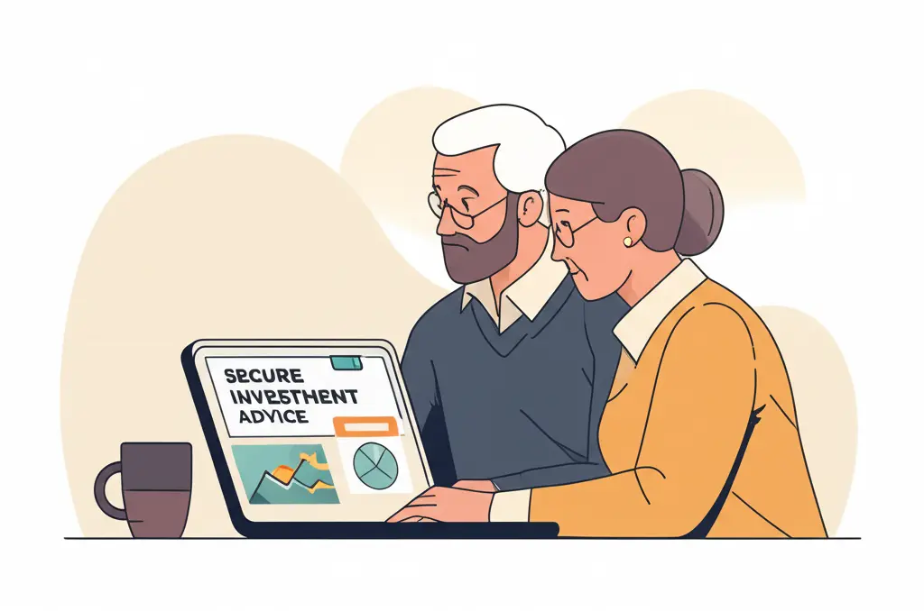 A couple looking at a laptop for secure investment advice.