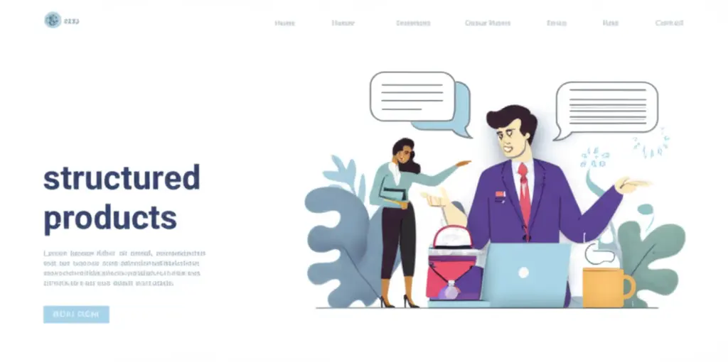 A modern illustration of a financial consultant talking to a client about structured products.