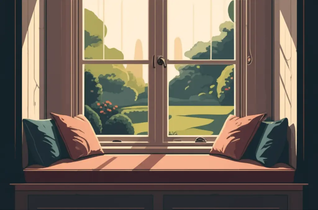 A window seat with plush cushions and a view of a garden or backyard