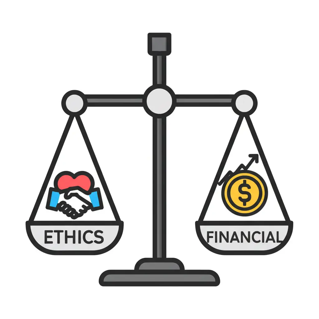 Cartoon of a scale balancing the concepts of ethics and financial gain