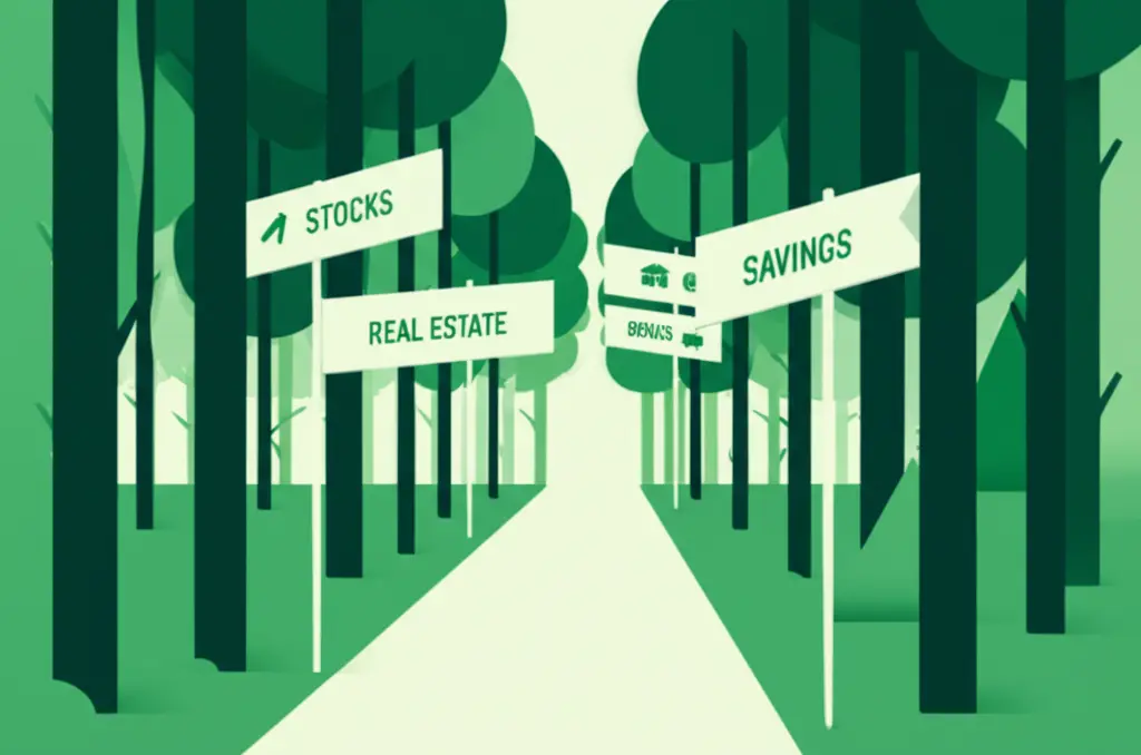 Path through a forest with signs pointing to investment options