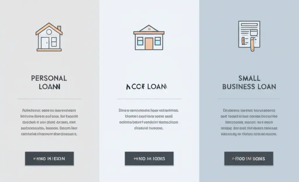 Illustration of different loan options on a table, each labeled with their key pros and cons.