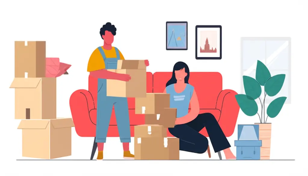 Happy new homeowners unpacking boxes in their living room