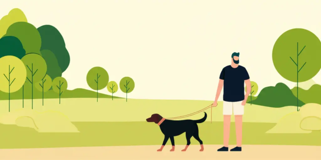 A man and his dog taking a walk in a park.