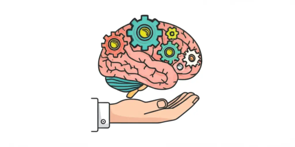 A hand-drawn brain with gears turning, showing the process of overcoming mental blocks.