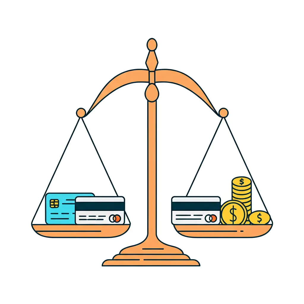 Minimalist illustration of a balance scale, with credit card perks on one side and fees on the other.