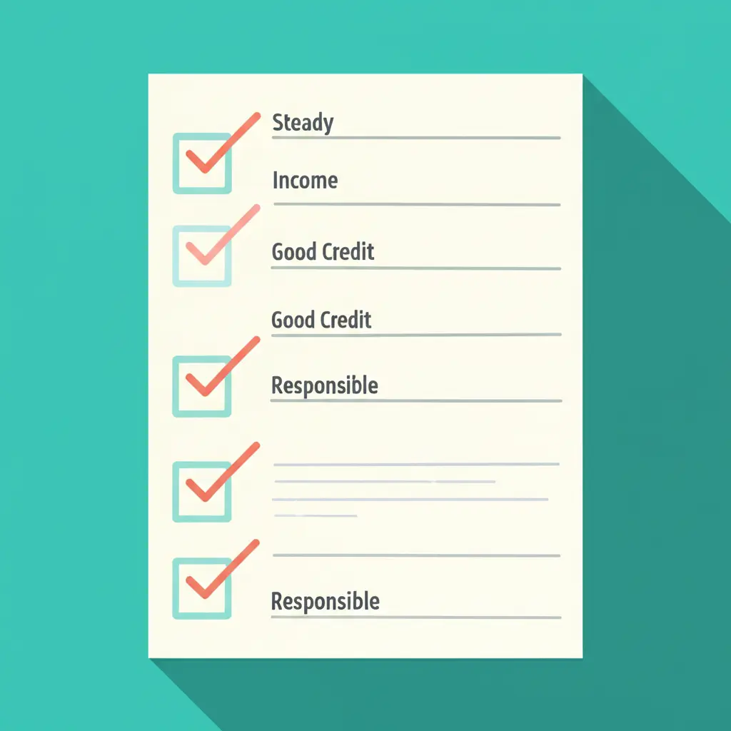 Simple graphic of a checklist with checkboxes labeled 'Steady Income', 'Good Credit', 'Responsible'.