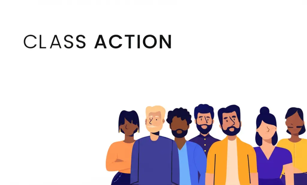 A diverse group of people gathered together with 'Class Action' text above