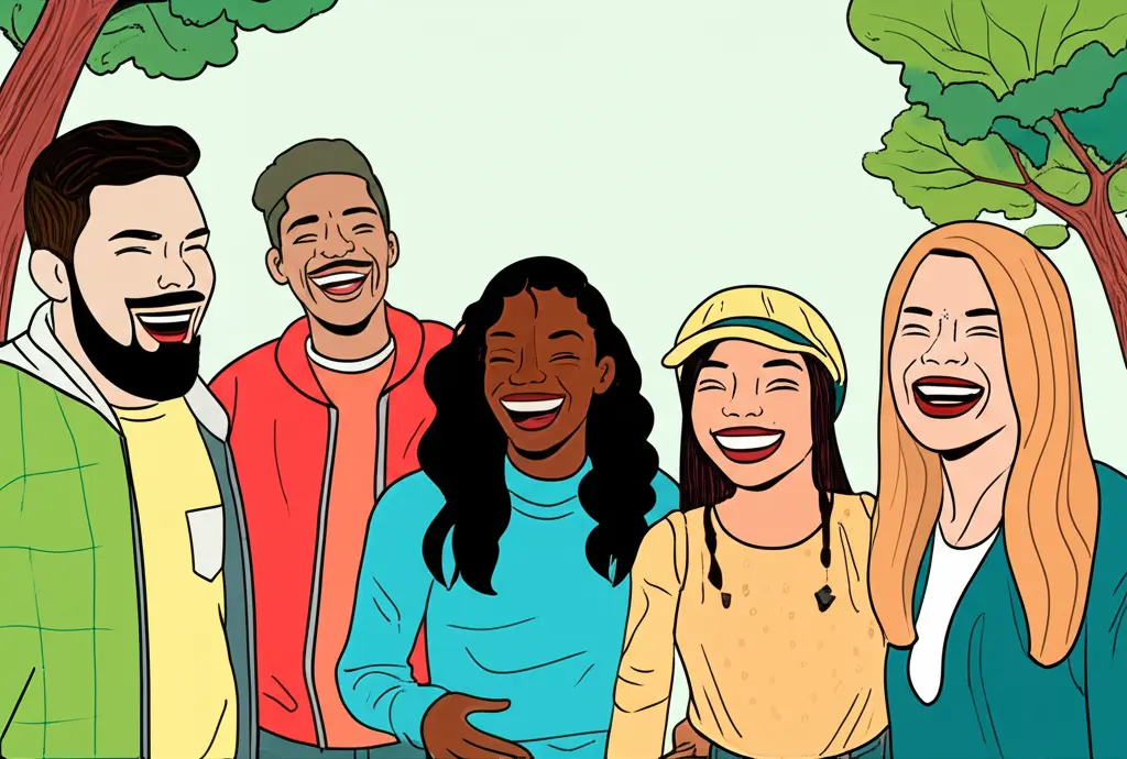 Friends laughing outdoors in unexpected joy.