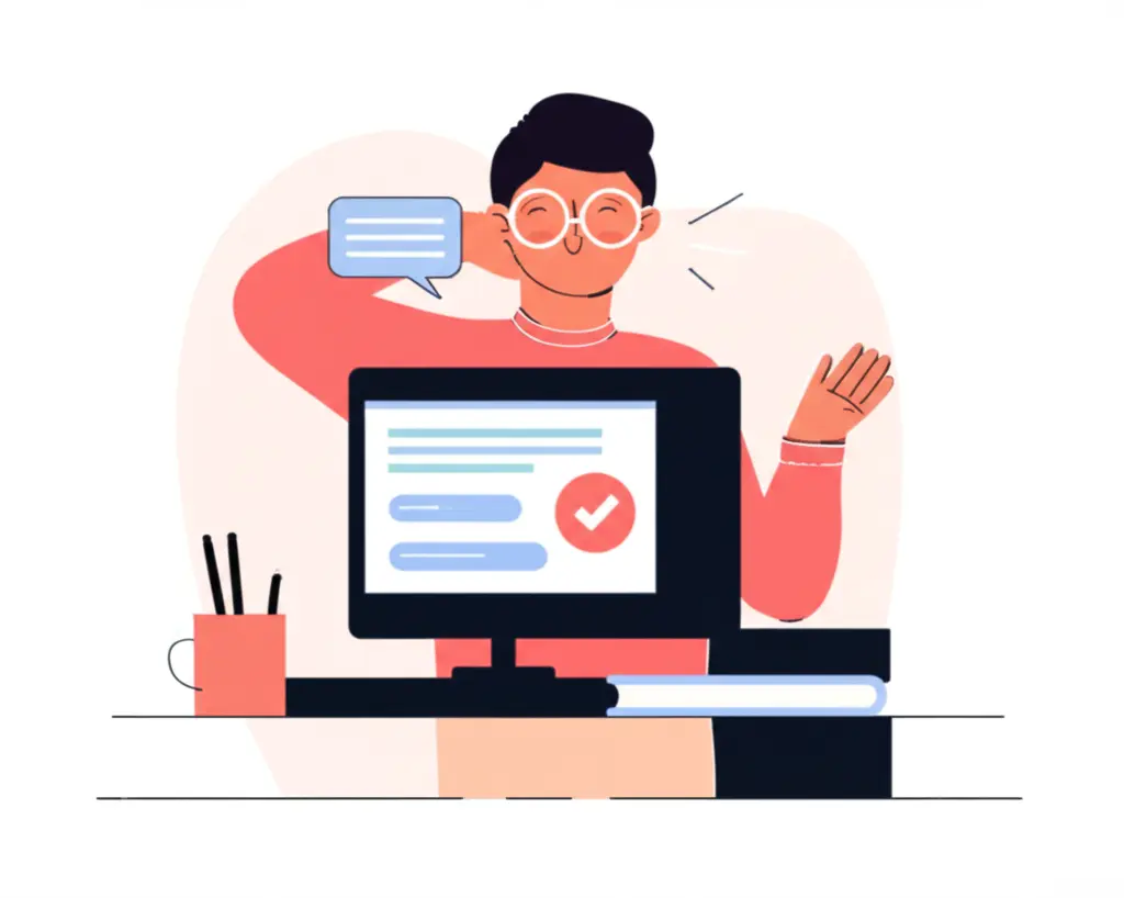 Modern cartoon of someone relieved and happy, sitting in front of a computer, having resolved their insurance claim.