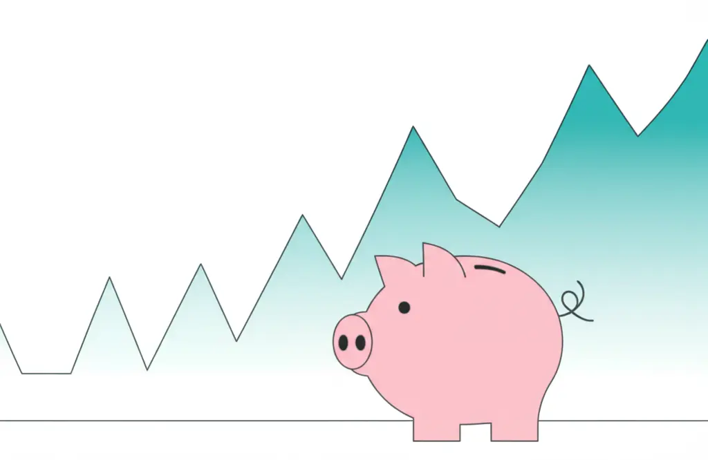 Illustration of a piggy bank and stock market charts