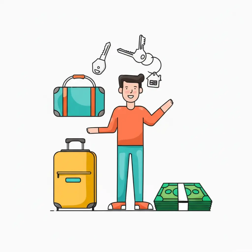 Person juggling house keys, travel bags, and cash