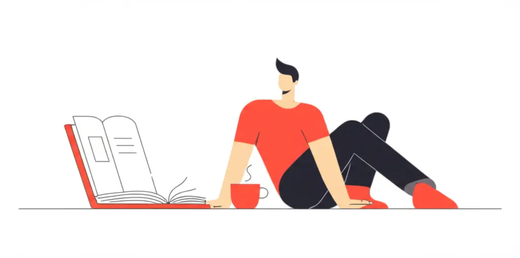 A person feeling relaxed in a well-organized room, with a cup of tea and a book, illustrated in cartoon-style.
